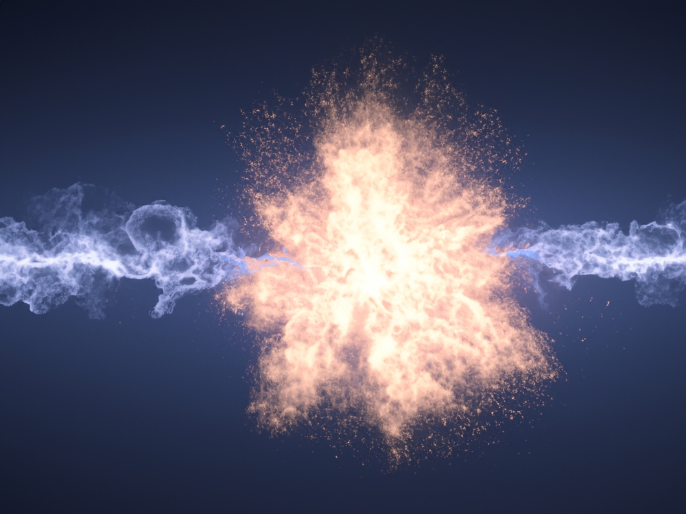 Electrical impulses from both sides meet at a fusion explosion in the center.