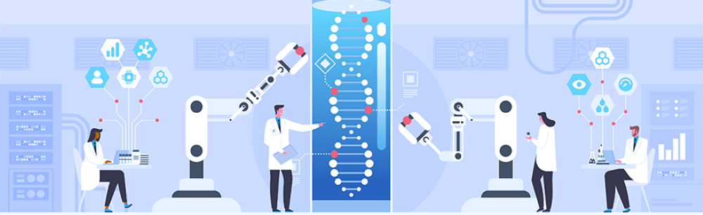 Depiction of an alpha helix flanked by scientists and robotic arms.