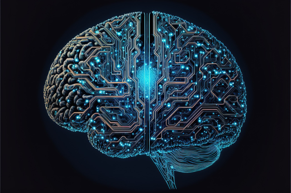 image of a brain with circuits integrated into the silhouette.