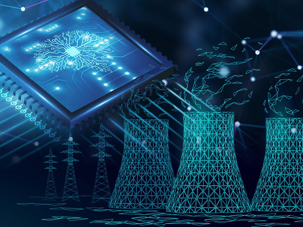 An image of a circuit schematic (top left) in the outline of a human brain, and nuclear power plant stacks (bottom left)