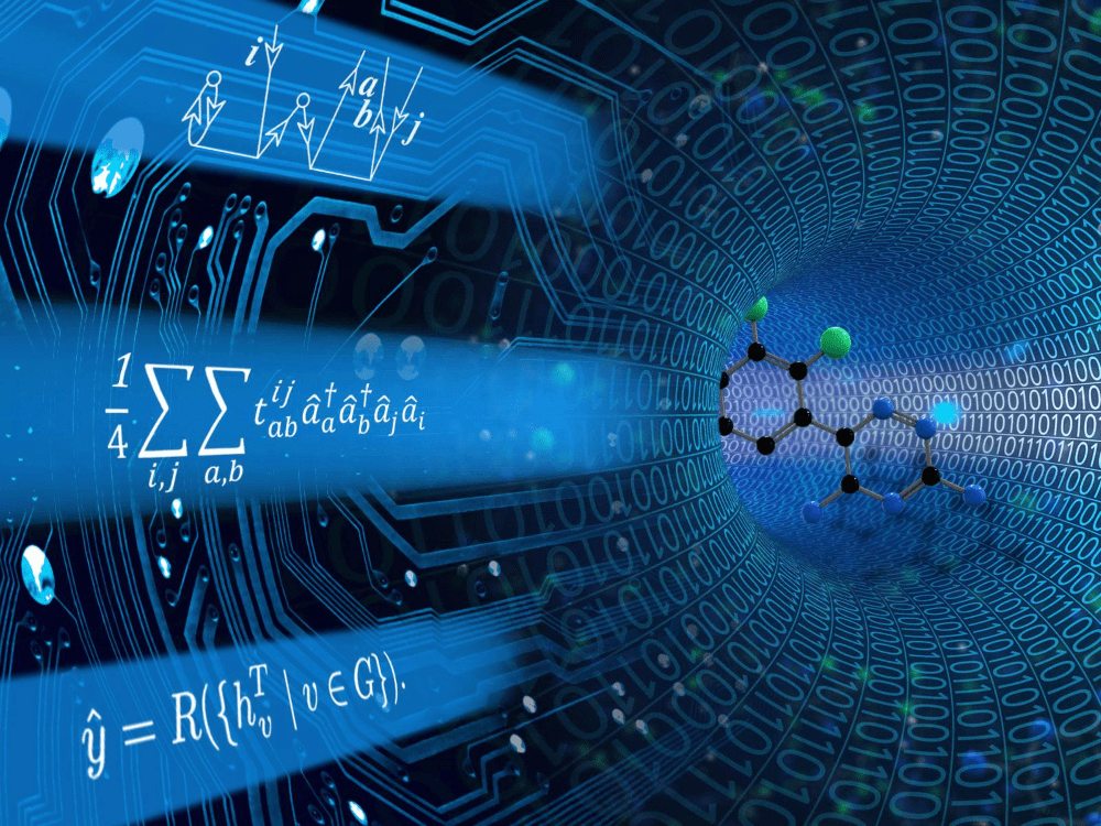 Illustration of electronic circuits, mathematical formulas, and molecule models.