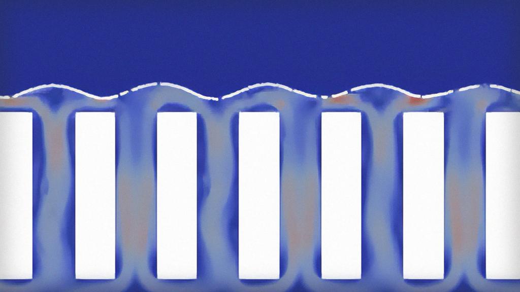 This screenshot from a computer simulation of the divertorlets system shows the liquid metal as it travels around the slats in the device, shown here as white rectangles. (Image credit: Francisco Saenz / PPPL)