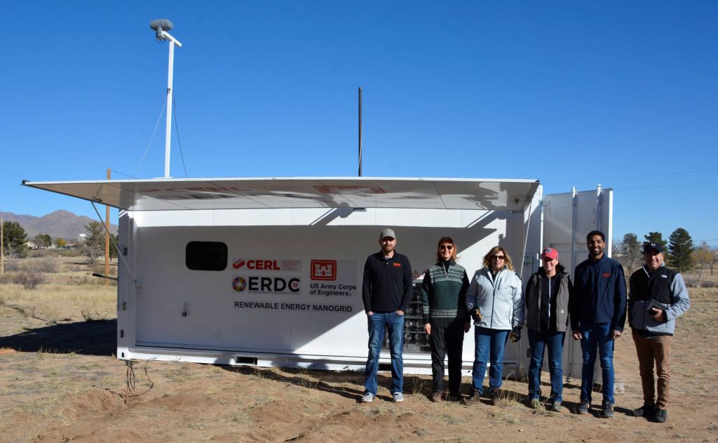 The nanogrid team: (Left to right) Branden Kurpenski, Production Manager, Sesame Solar; Gail Vaucher, Project Leader, Army Research Laboratory; Carol J. Bailey, SR Project Manager and Engineer, ERDC-CERL; Trish Cutler, Wildlife Biologist, WSMR Garrison Environmental Division; Nikmil Raj Nune, Engineering Manager, Sesame Solar and Benito F. Perez, Research Engineer, ERDC CERL