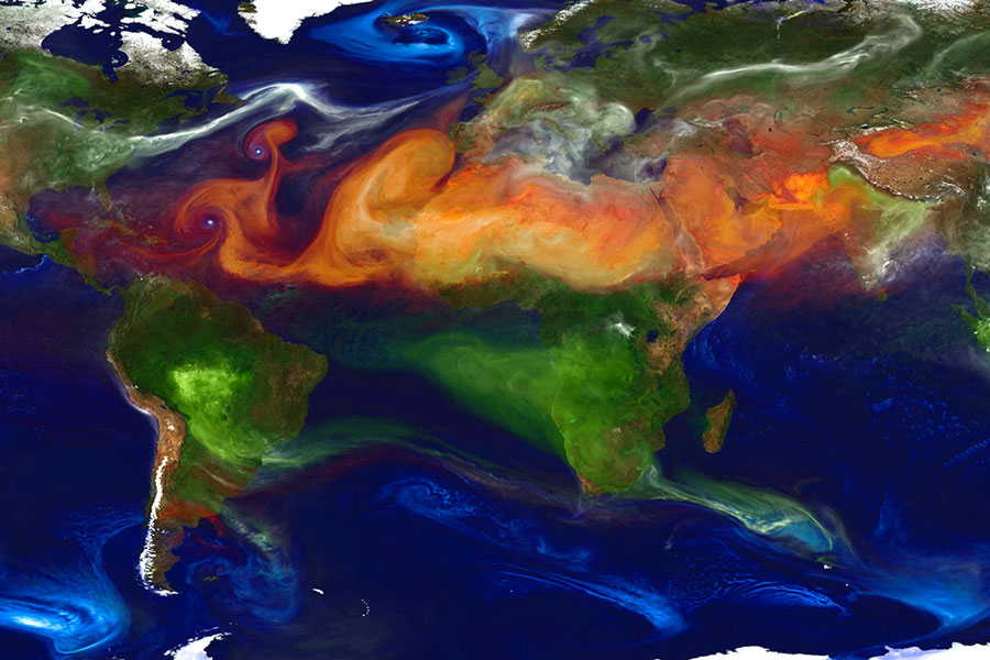 An image of the earth with a cloud of dust stretching over much of the image. from the Atlantic Ocean, across norther Africa, and into India.