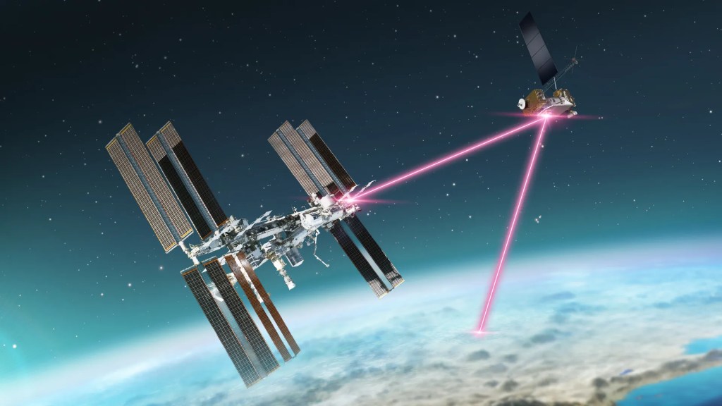 Image of a satellite directing a laser to the surface of the Earth.