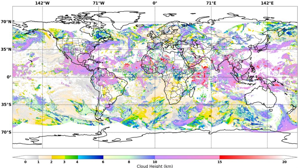 A map of the world with colors overlayed representing the height of clouds.