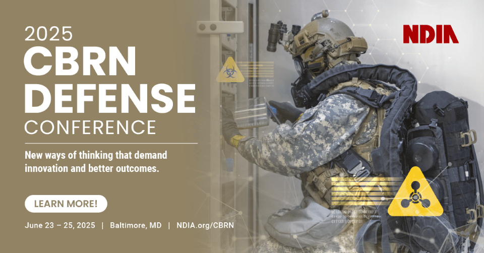 Promotional image of text describing information relevant to the NDIA 2025 CBRN Defense Conference. Also included in the picture is a warfighter performing biological agent defense operations.