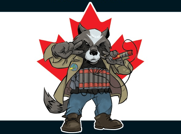 A racoon dressed in boots, jeans, and a jacket, strapped with a bomb and standing in front of a red Canadian maple leaf.