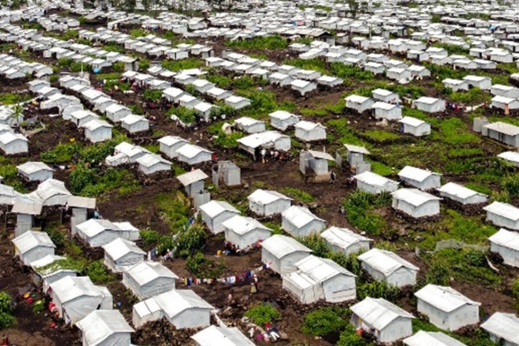 aerial view of refugee camp tents