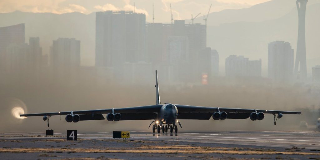 A B-52H Stratofortress bomber assigned to the 340th Weapons Squadron at Barksdale Air Force Base (AFB), Louisiana, takes off for Weapons School Integration from Nellis AFB, Nevada, Nov. 21, 2019. The B-52H can perform tactical attacks, close-air support, air interdiction, offensive counter-air, maritime operations and provide worldwide precision navigation capabilities. (U.S. Air Force photo by Airman 1st Class Bryan Guthrie)