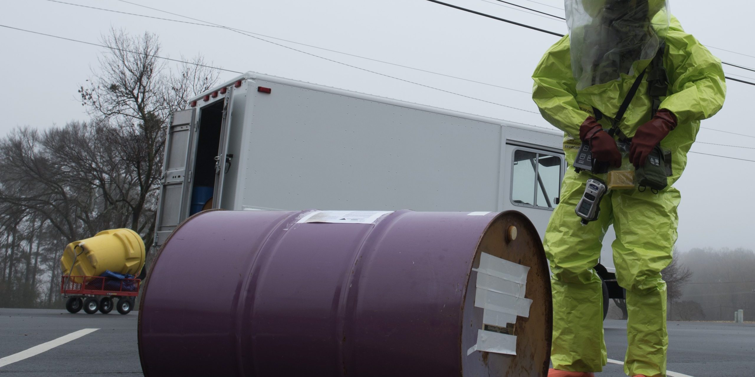 Airman 1st Class Cameron Butler, 4th Civil Engineer Squadron emergency management hazardous material team technician, examines a drum during a Hazardous Material Spill Response exercise, Dec. 9, 2019, in Goldsboro, N.C. The HAZMAT exercise tested the Seymour Johnson Air Force Base Emergency Management team’s response procedures (U.S. Air Force photo by Senior Airman Victoria Boyton).