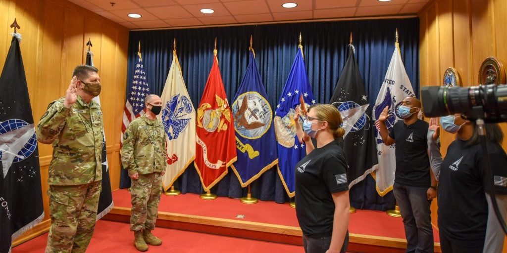 The Vice Chief of Space Operations Gen. David D. “DT” Thompson swore in the first four Space Force recruits at the Baltimore Military Entrance Processing Command station, Fort George G. Meade, MD, October 20, 2020. The first four recruits will join others from Colorado, placing them on a direct path to basic military training and marking another milestone in the new service’s growth and development (U.S. Space Force photo by Tech. Sgt. Armando Schwier-Morales).