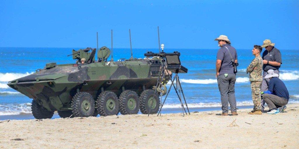 Meteorology and Oceanography Battlespace Surveillance Company 1st Intelligence Battalion Marines and NRL Ocean Science Division engineers observe surf conditions and LittoralLens system performance during amphibious combat vehicle operations. (U.S. Navy photo by Michael Walls)