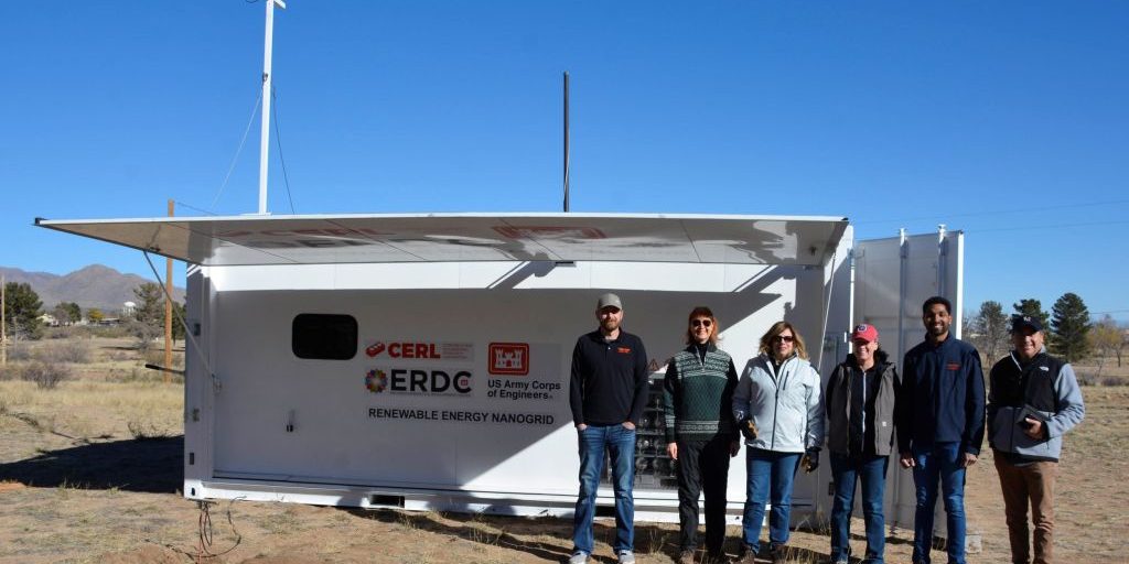 The nanogrid team: (Left to right) Branden Kurpenski, Production Manager, Sesame Solar; Gail Vaucher, Project Leader, Army Research Laboratory; Carol J. Bailey, SR Project Manager and Engineer, ERDC-CERL; Trish Cutler, Wildlife Biologist, WSMR Garrison Environmental Division; Nikmil Raj Nune, Engineering Manager, Sesame Solar and Benito F. Perez, Research Engineer, ERDC CERL