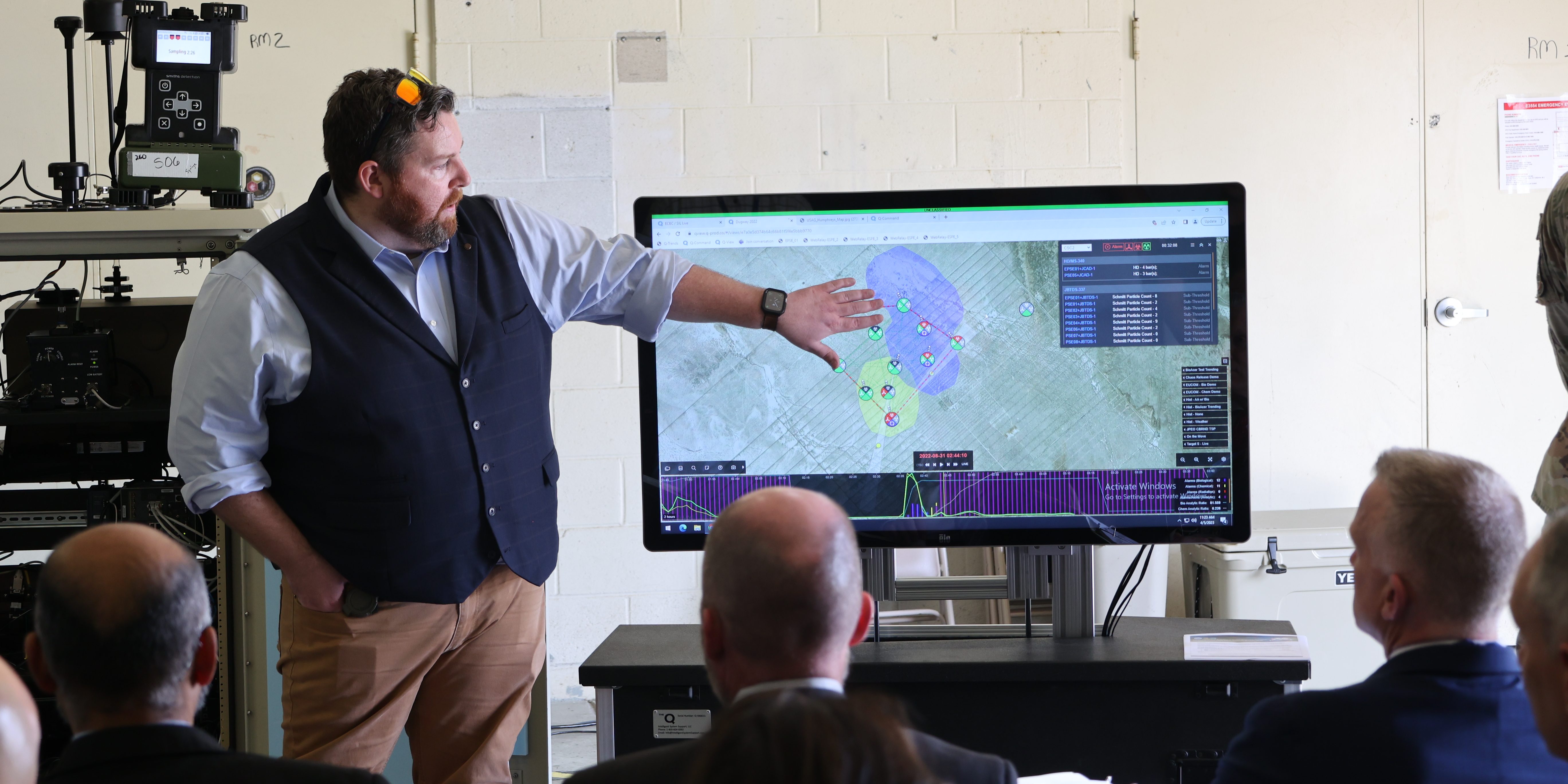 Focus Falcon 2023 Drew Murphy demonstrates the CBRN Support to Command and Control (CSC2) tool to leaders at Focus Falcon 2023 on Aberdeen Proving Ground in Maryland. (Photo credit: JPEO-CBRND)