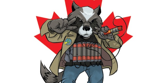 A racoon dressed in boots, jeans, and a jacket, strapped with a bomb and standing in front of a red Canadian maple leaf.