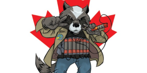 A racoon dressed in boots, jeans, and a jacket, strapped with a bomb and standing in front of a red Canadian maple leaf.