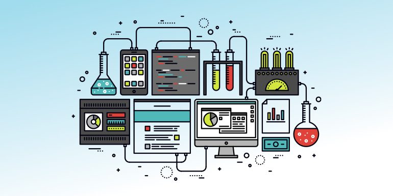 graphic of computer, radiation detector, chemistry beakers, and test tubes all linked together