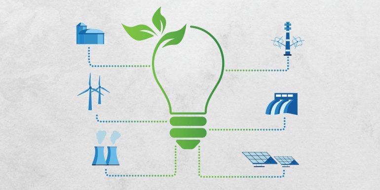 graphic of environmentally friendly (green) light bulb with energy (solar, wind, water, nuclear) icons surrounding it