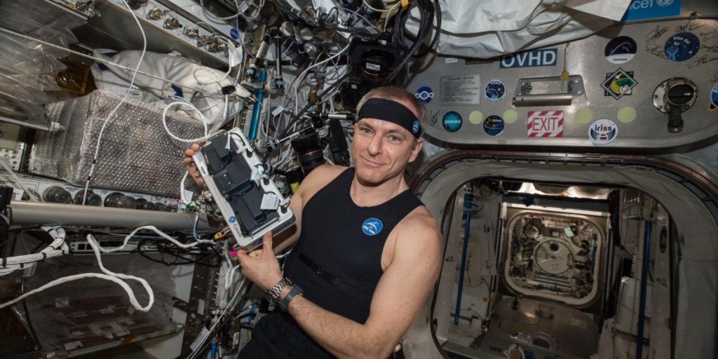 CSA astronaut David Saint-Jacques wears the Bio-Monitor health sensor shirt and headband. NASA