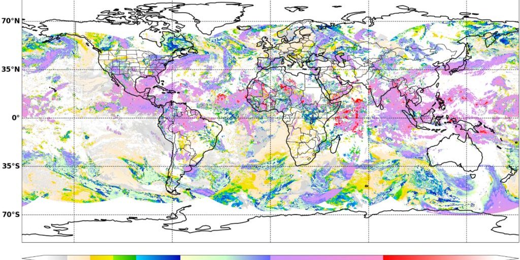 A map of the world with colors overlayed representing the height of clouds.