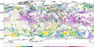 A map of the world with colors overlayed representing the height of clouds.