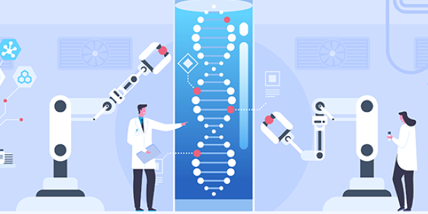 Depiction of an alpha helix flanked by scientists and robotic arms.