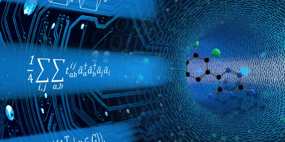 Illustration of electronic circuits, mathematical formulas, and molecule models.