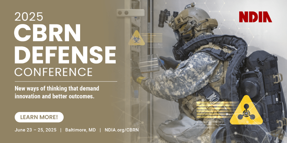 Promotional image of text describing information relevant to the NDIA 2025 CBRN Defense Conference. Also included in the picture is a warfighter performing biological agent defense operations.