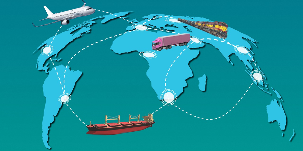 World Map with highlighted locations and transportation vehicles traveling between highlighted cities.