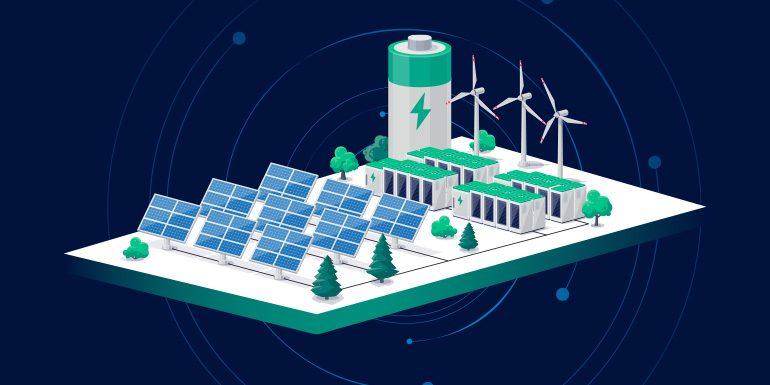 graphic of alternative energy farm with solar panels and wind turbines