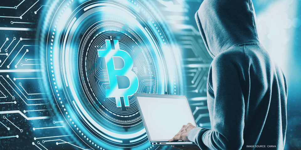 bitcoin symbol with person in a hoodie holding a laptop