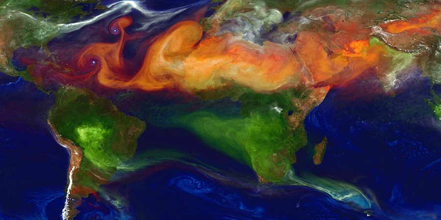 An image of the earth with a cloud of dust stretching over much of the image. from the Atlantic Ocean, across norther Africa, and into India.