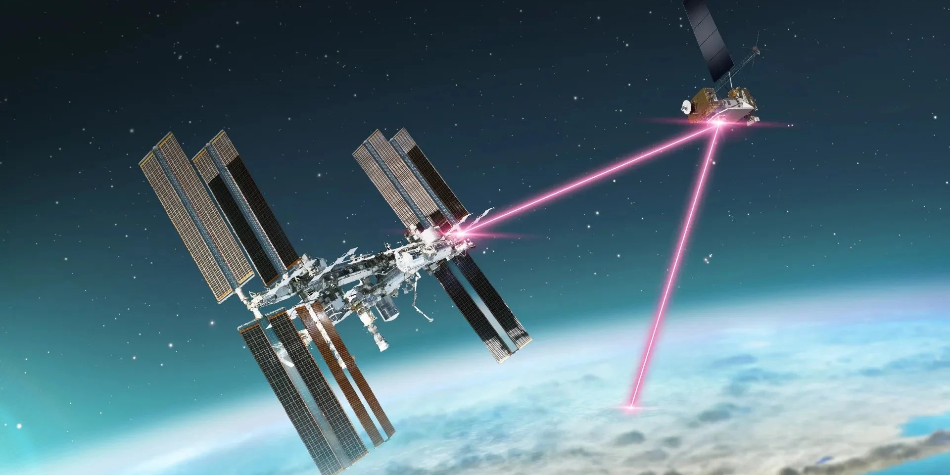 Image of a satellite directing a laser to the surface of the Earth.