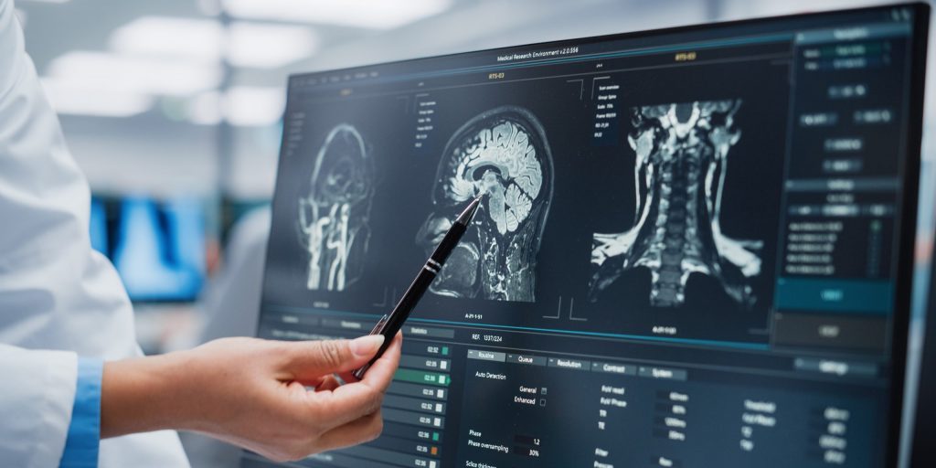 Three images of medical scans.  Someone is pointing to the center image, which is a profile shot of the brain. 